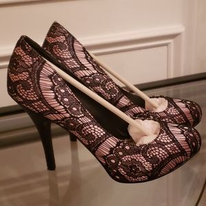 Vanessa (Pink Satin w/ Black Lace Overlay) Pumps